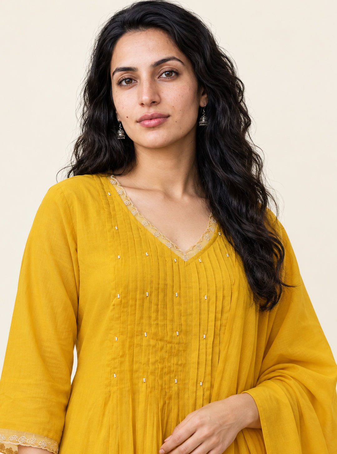 Marigold Lacework Yellow Pure Mul Cotton Anarkali Suit Set with Dupatta