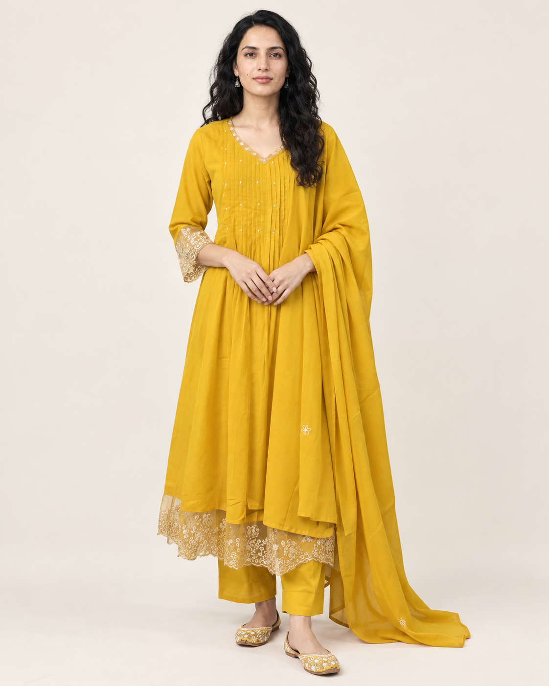 Marigold Lacework Yellow Pure Mul Cotton Anarkali Suit Set with Dupatta