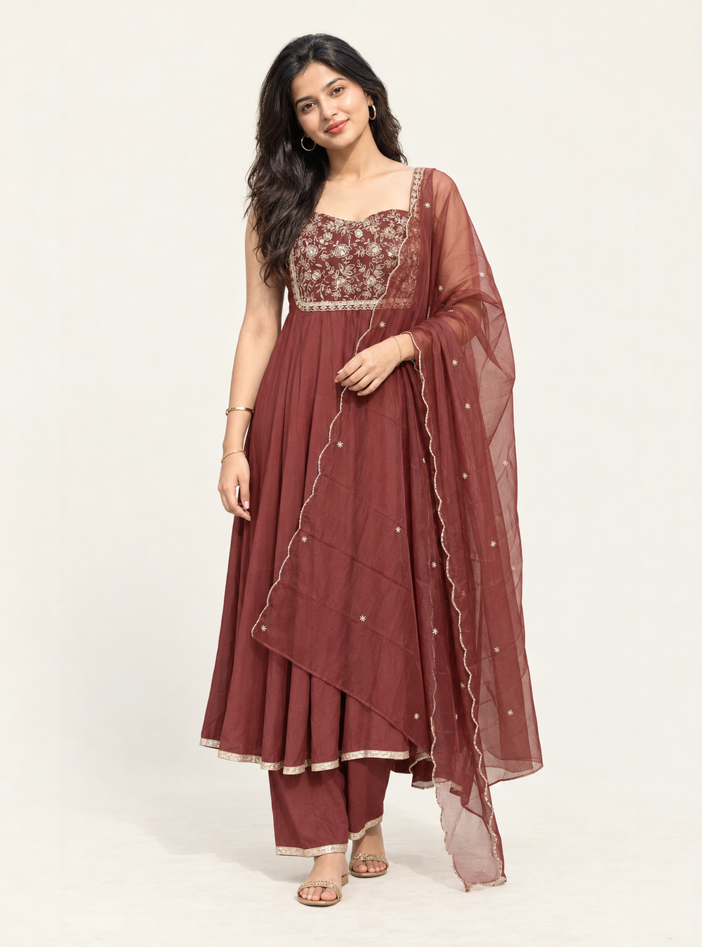 Cocoa Blossom Brown Silk Blend Embroidered Sleeveless Anarkali Suit Set with Organza Dupatta