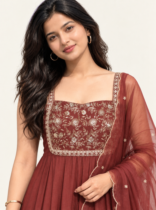 Cocoa Blossom Brown Silk Blend Embroidered Sleeveless Anarkali Suit Set with Organza Dupatta