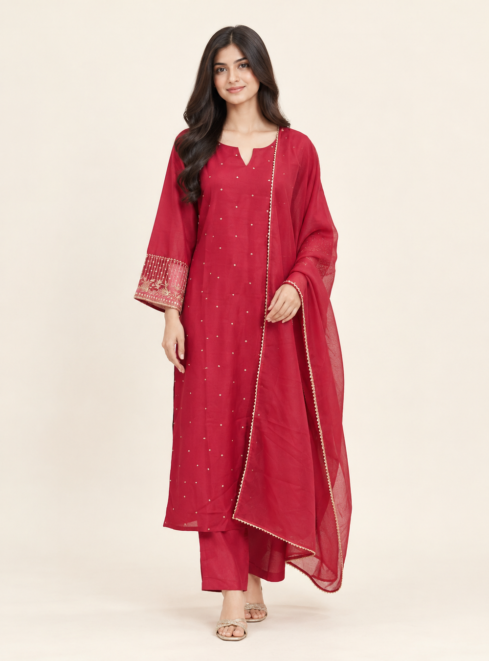 Garnet Grace Maroon Raw Silk Handwork Suit Set with Soft Organza Dupatta