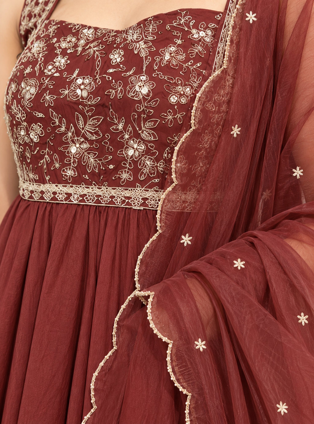 Cocoa Blossom Brown Silk Blend Embroidered Sleeveless Anarkali Suit Set with Organza Dupatta