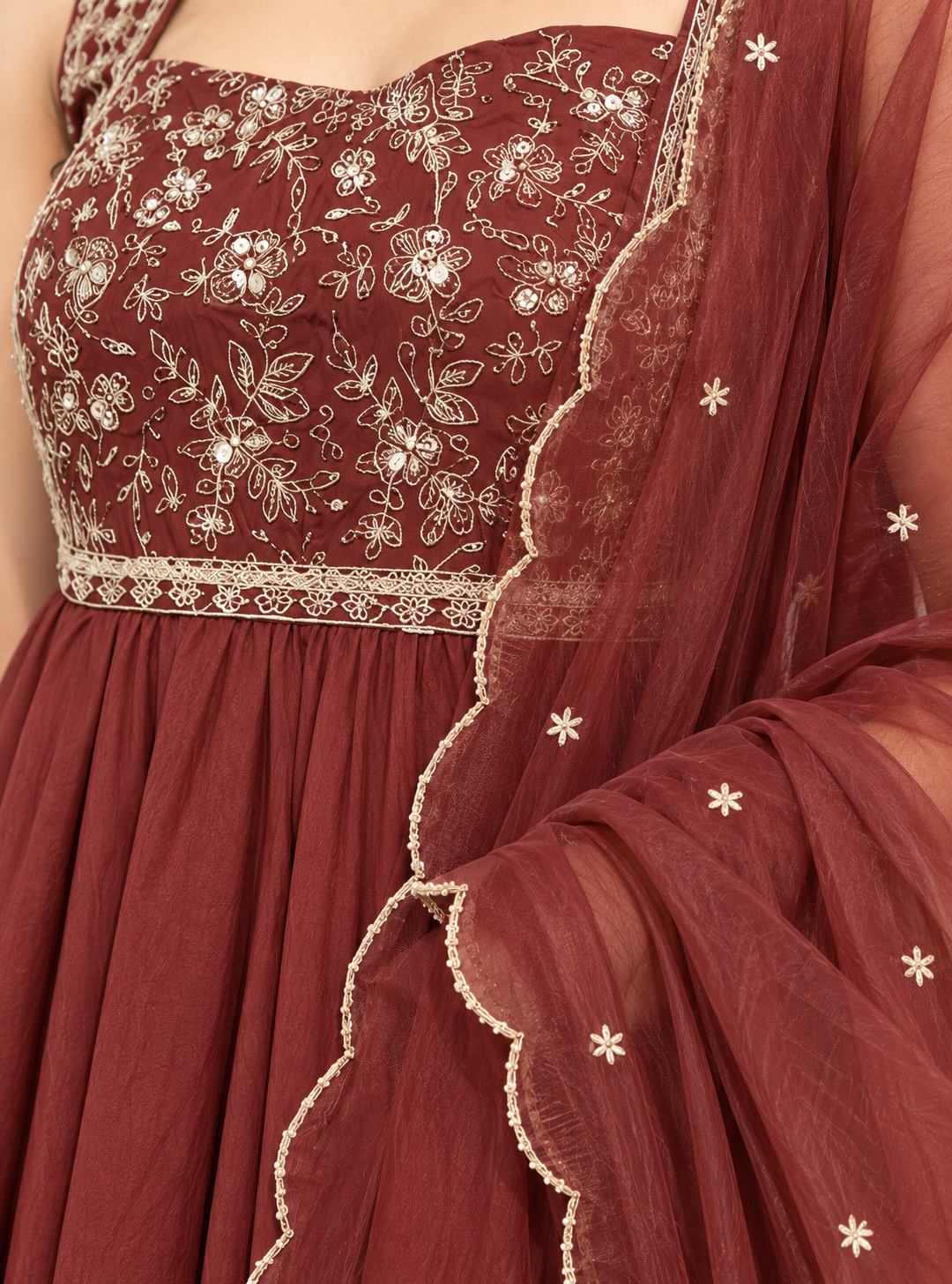 Cocoa Blossom Brown Silk Blend Embroidered Sleeveless Anarkali Suit Set with Organza Dupatta