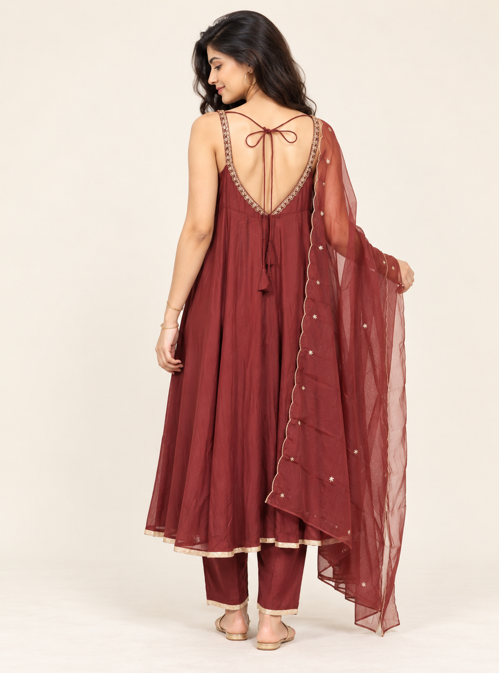 Cocoa Blossom Brown Silk Blend Embroidered Sleeveless Anarkali Suit Set with Organza Dupatta