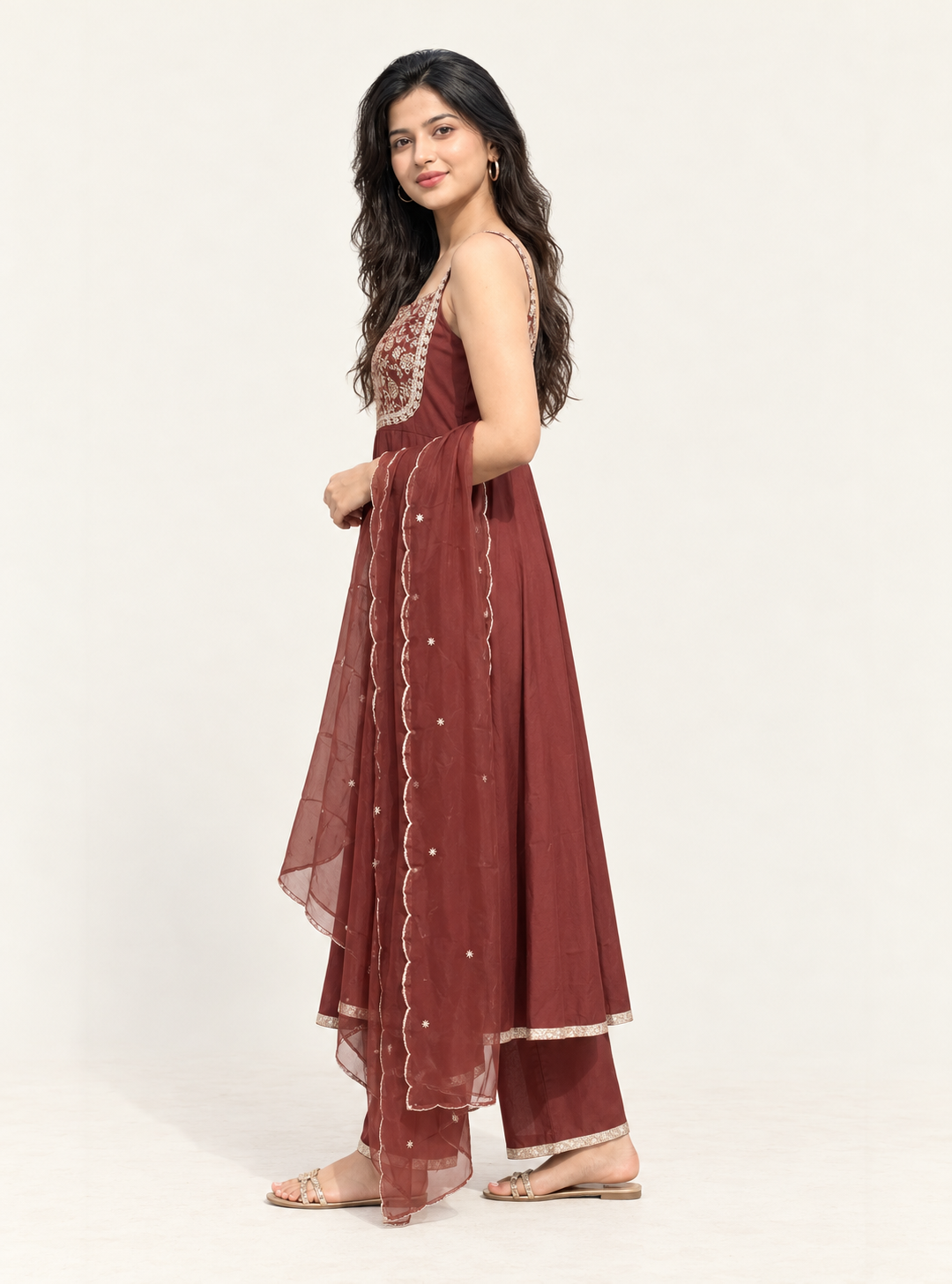 Cocoa Blossom Brown Silk Blend Embroidered Sleeveless Anarkali Suit Set with Organza Dupatta