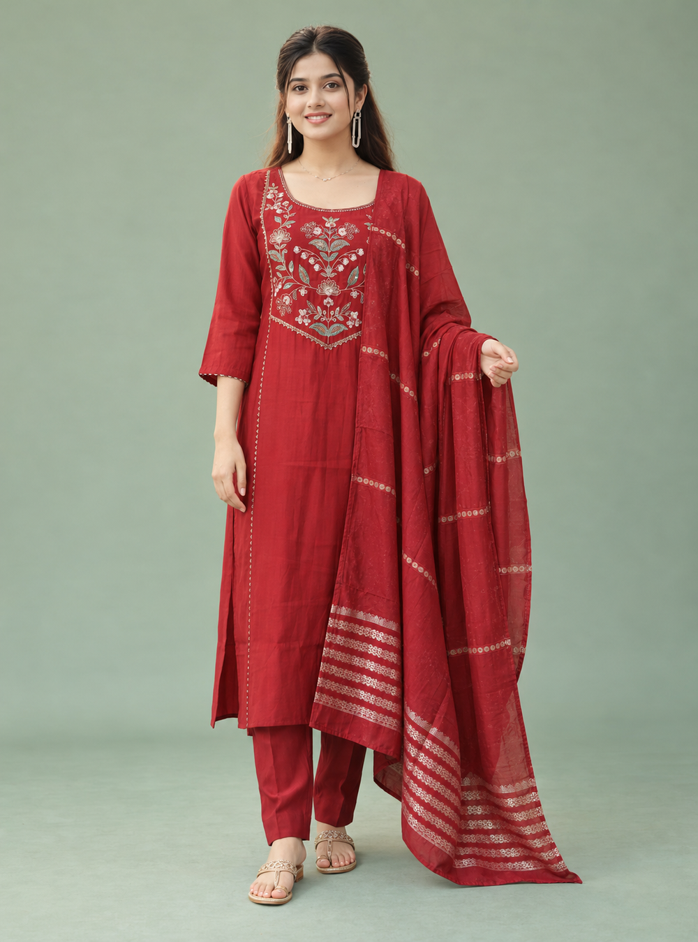 Crimson Loom Red Chanderi Silk Embroidered Straight Suit Set with Woven Dupatta