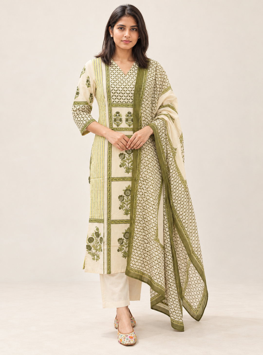 Meadow Contrast Fresh Green & Off White Block Print Cotton Suit Set