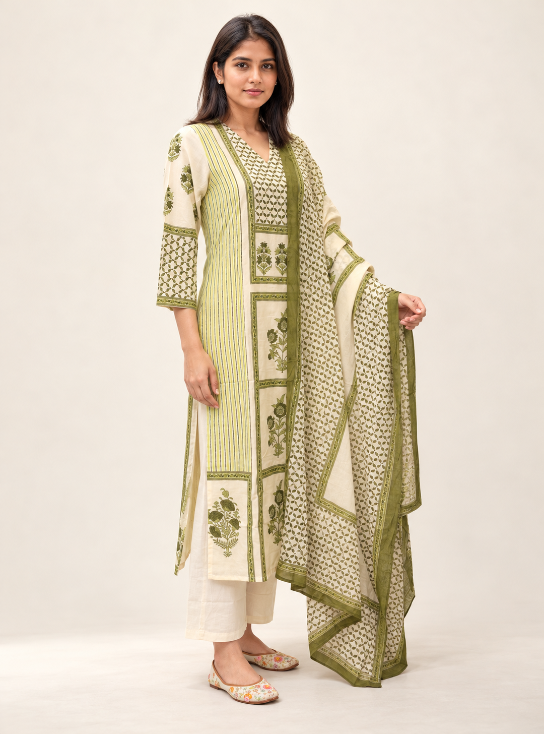 Meadow Contrast Fresh Green & Off White Block Print Cotton Suit Set