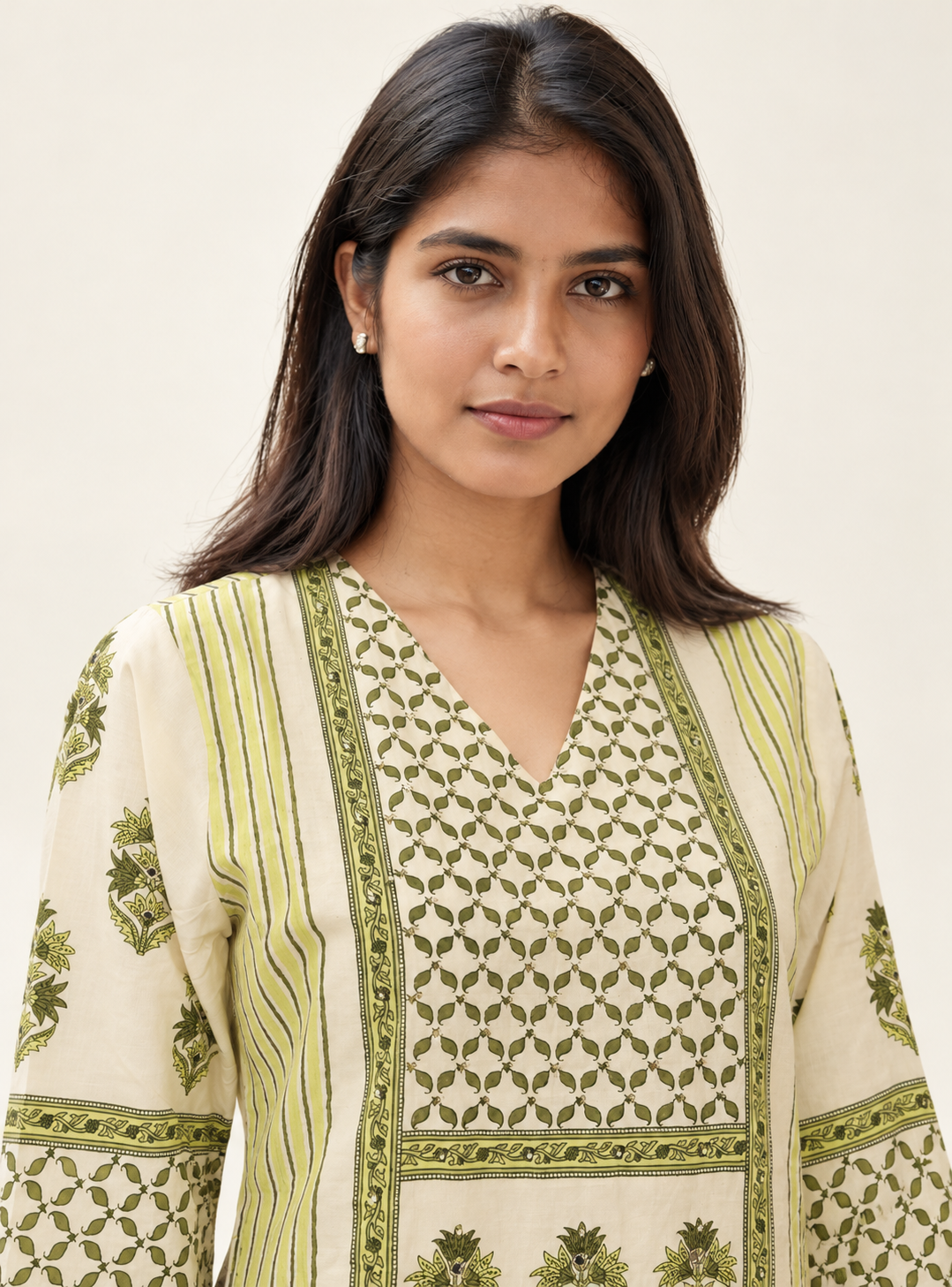 Meadow Contrast Fresh Green & Off White Block Print Cotton Suit Set