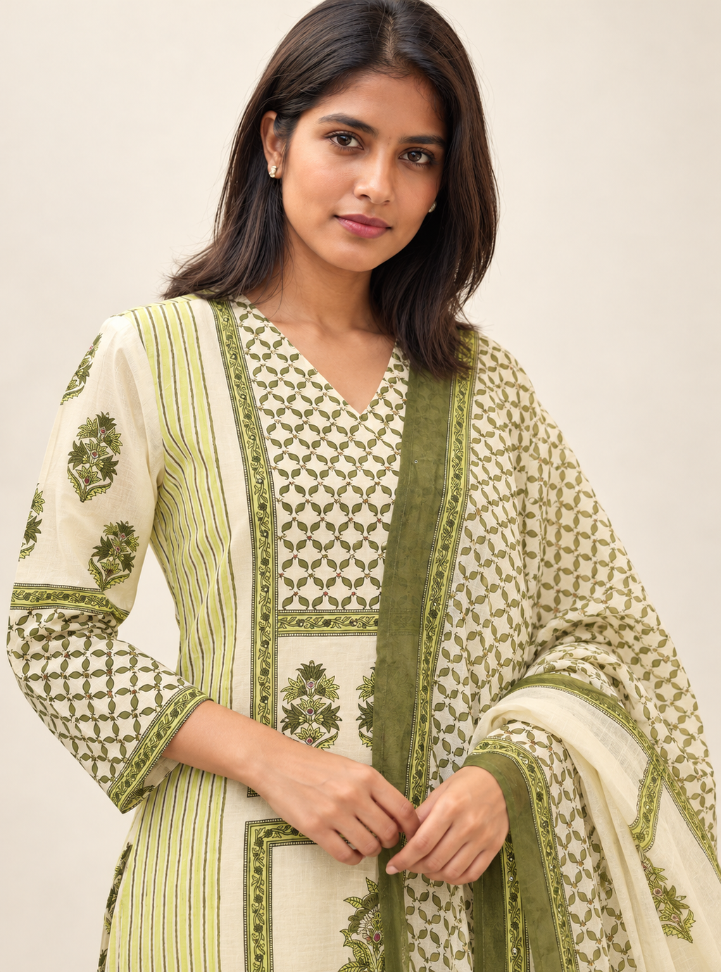 Meadow Contrast Fresh Green & Off White Block Print Cotton Suit Set
