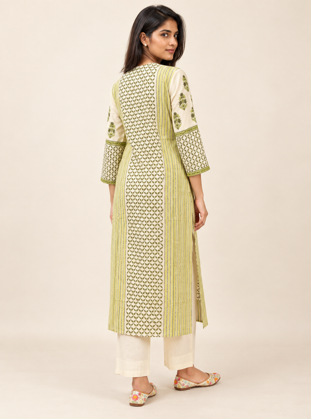 Meadow Contrast Fresh Green & Off White Block Print Cotton Suit Set