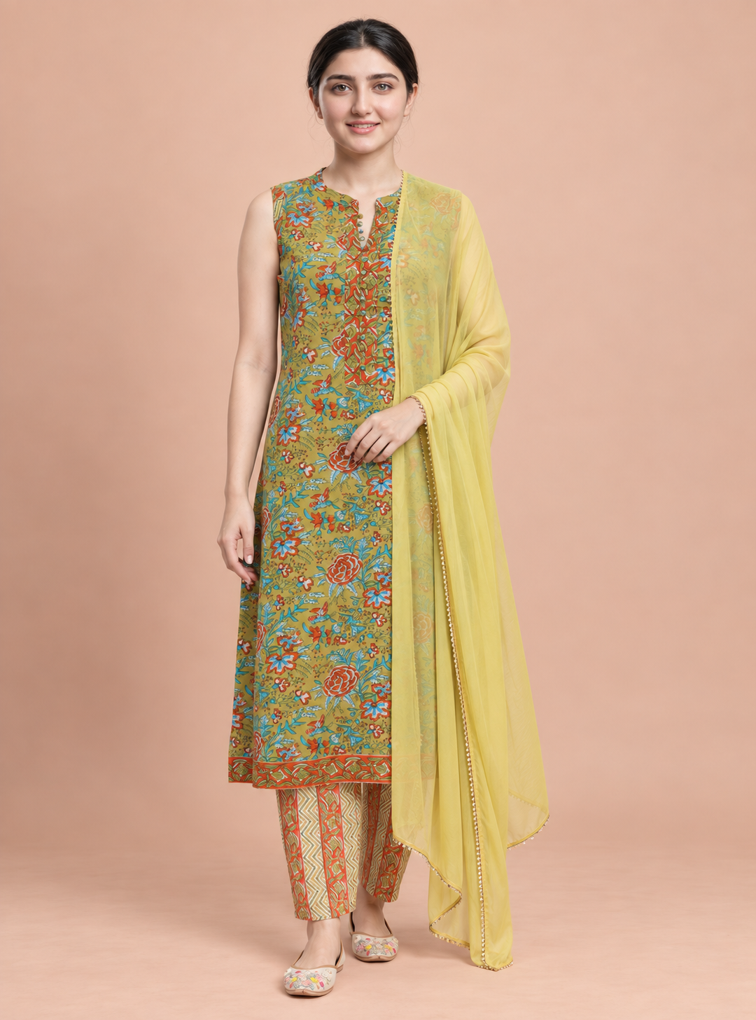 Meadow Fern Green Printed Cotton Straight Suit Set with Dupatta – Indieshades