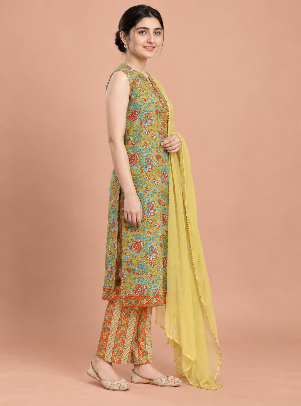 Meadow Fern Green Printed Cotton Straight Suit Set with Dupatta – Indieshades