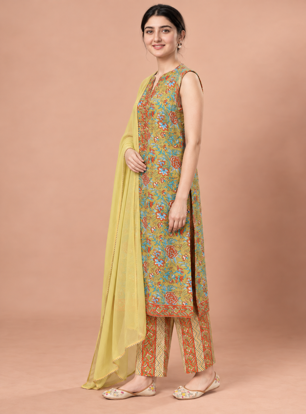 Meadow Fern Green Printed Cotton Straight Suit Set with Dupatta – Indieshades