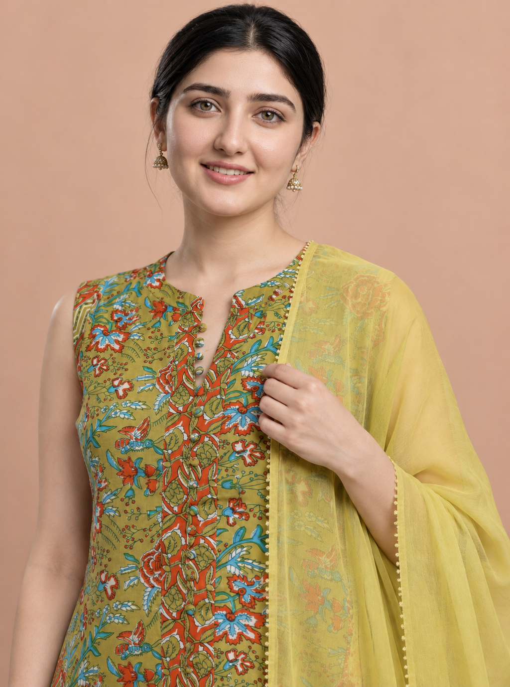 Meadow Fern Green Printed Cotton Straight Suit Set with Dupatta – Indieshades