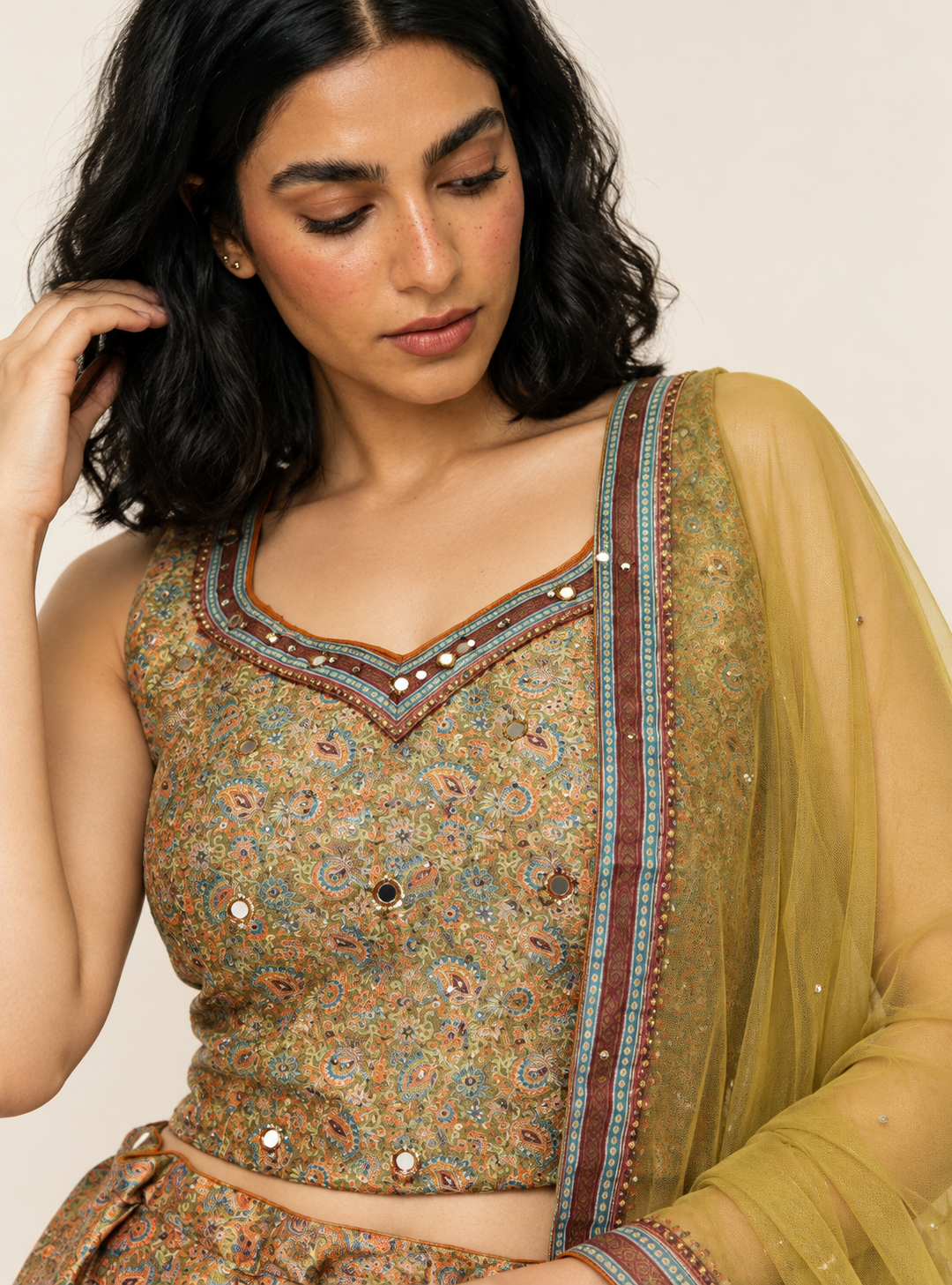 Mosaic Meadow Mustard Green Art Silk Mirror Work Indo Western Skirt Set