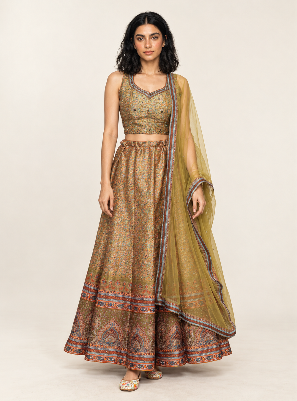 Mosaic Meadow Mustard Green Art Silk Mirror Work Indo Western Skirt Set