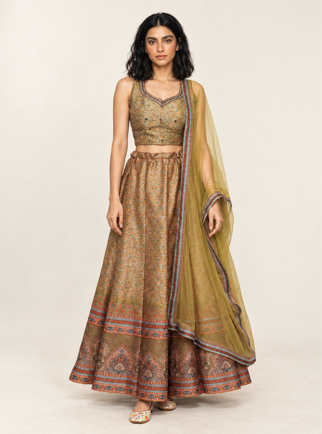 Mosaic Meadow Mustard Green Art Silk Mirror Work Indo Western Skirt Set