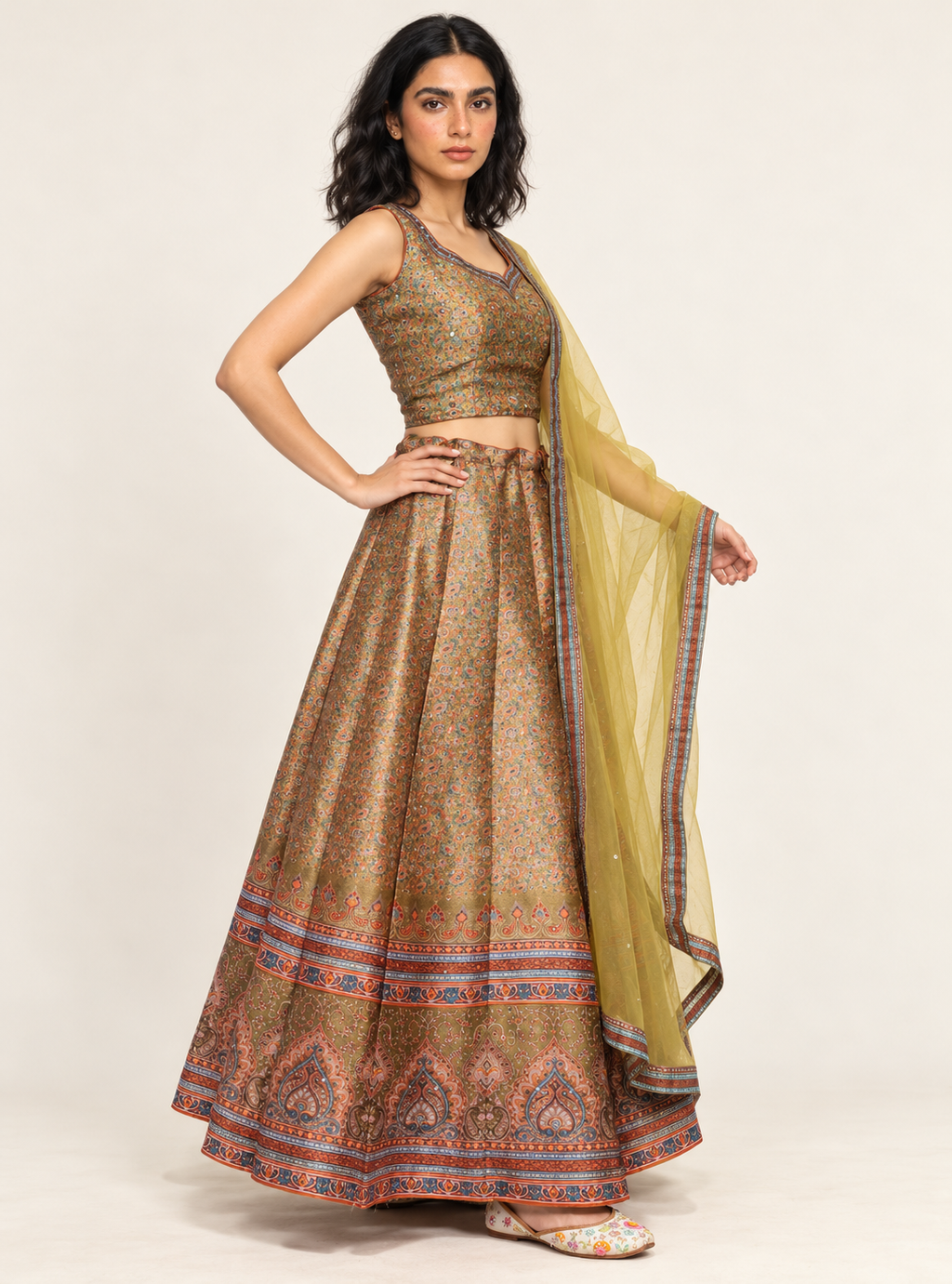 Mosaic Meadow Mustard Green Art Silk Mirror Work Indo Western Skirt Set