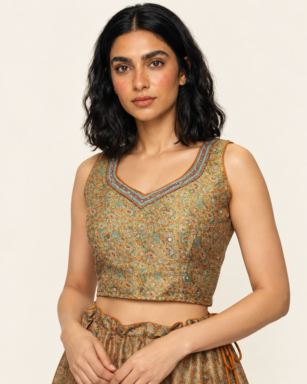 Mosaic Meadow Mustard Green Art Silk Mirror Work Indo Western Skirt Set