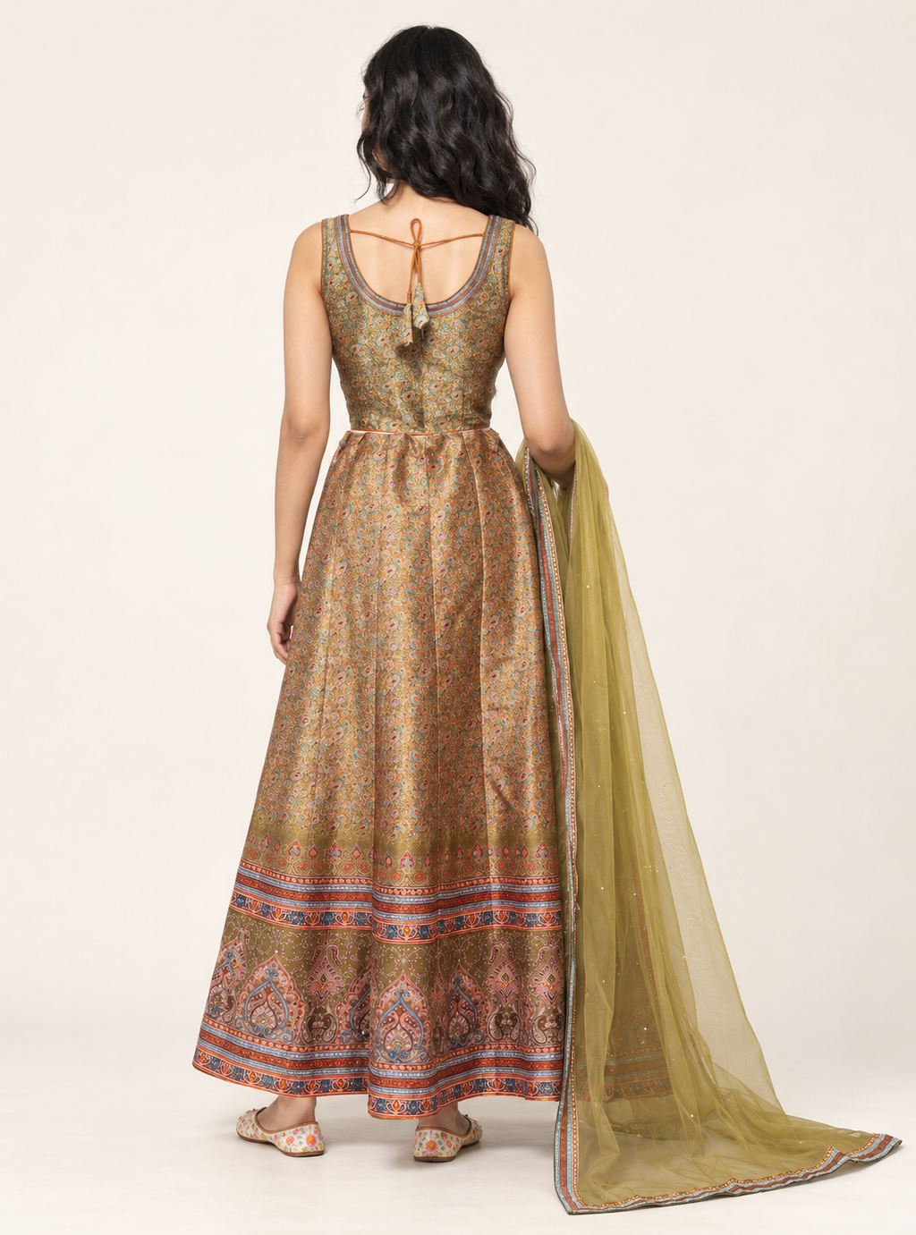 Mosaic Meadow Mustard Green Art Silk Mirror Work Indo Western Skirt Set