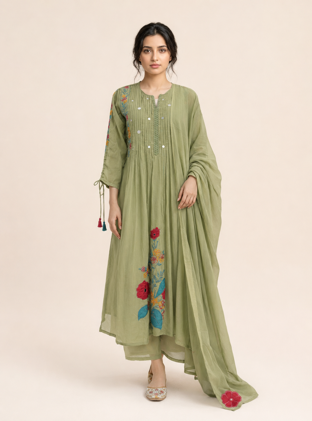 Mint Meadow Pastel Green Pure Mul Cotton Applique A-Line Suit Set – Indieshades