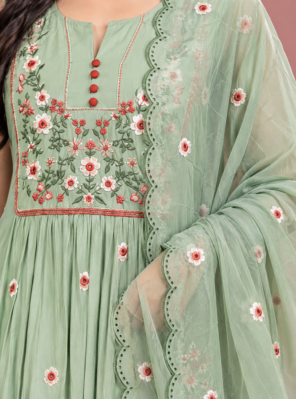 Pistachio Filigree Pista Mul Chanderi Thread Embroidery Suit Set with Dupatta