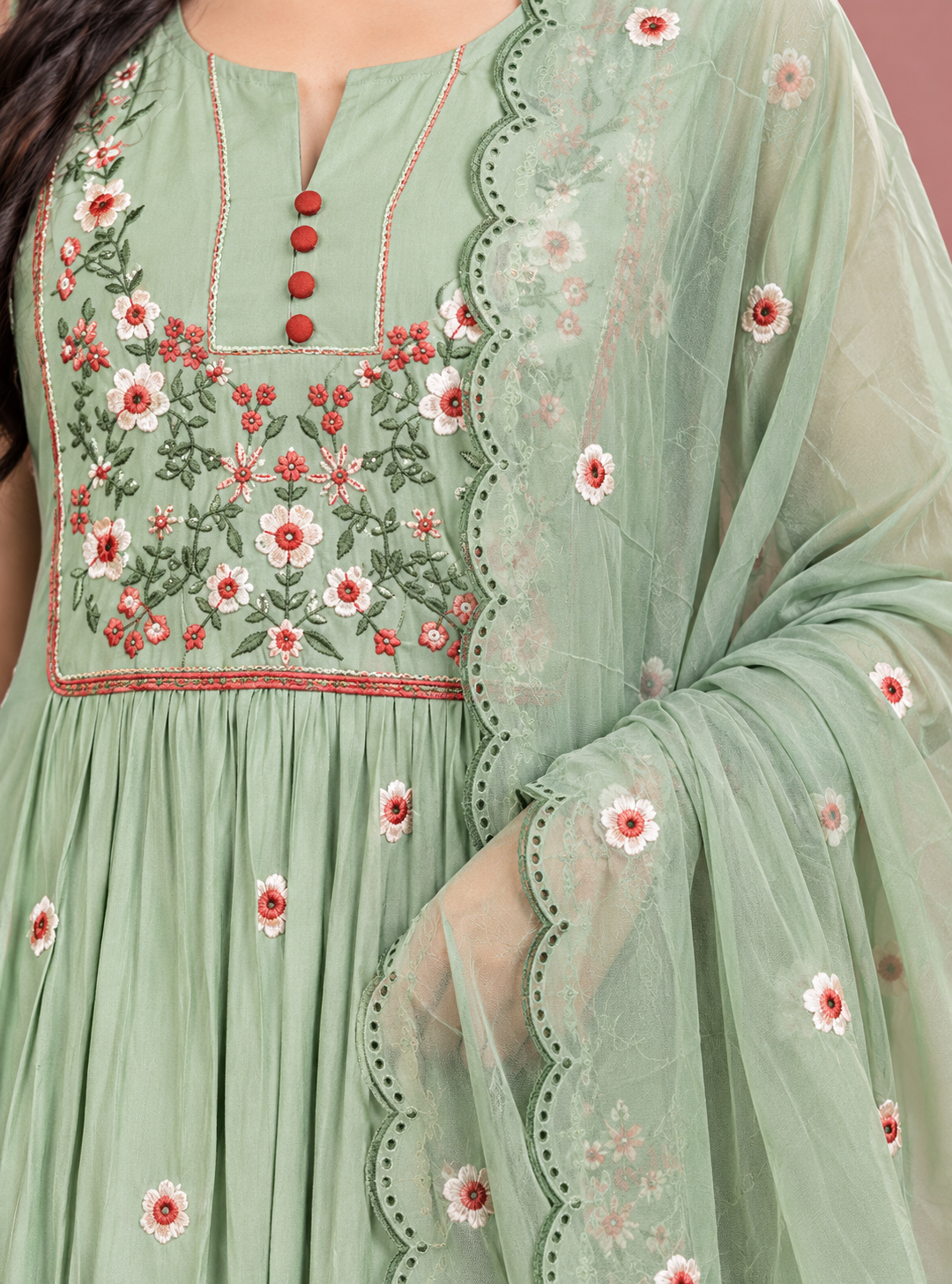 Pistachio Filigree Pista Mul Chanderi Thread Embroidery Suit Set with Dupatta