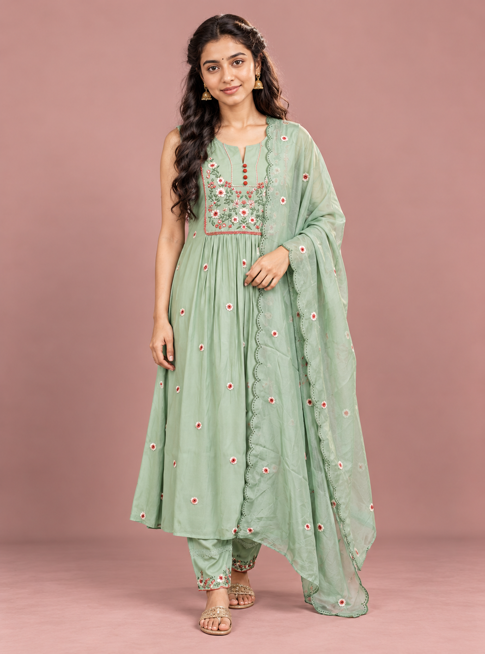 Pistachio Filigree Pista Mul Chanderi Thread Embroidery Suit Set with Dupatta