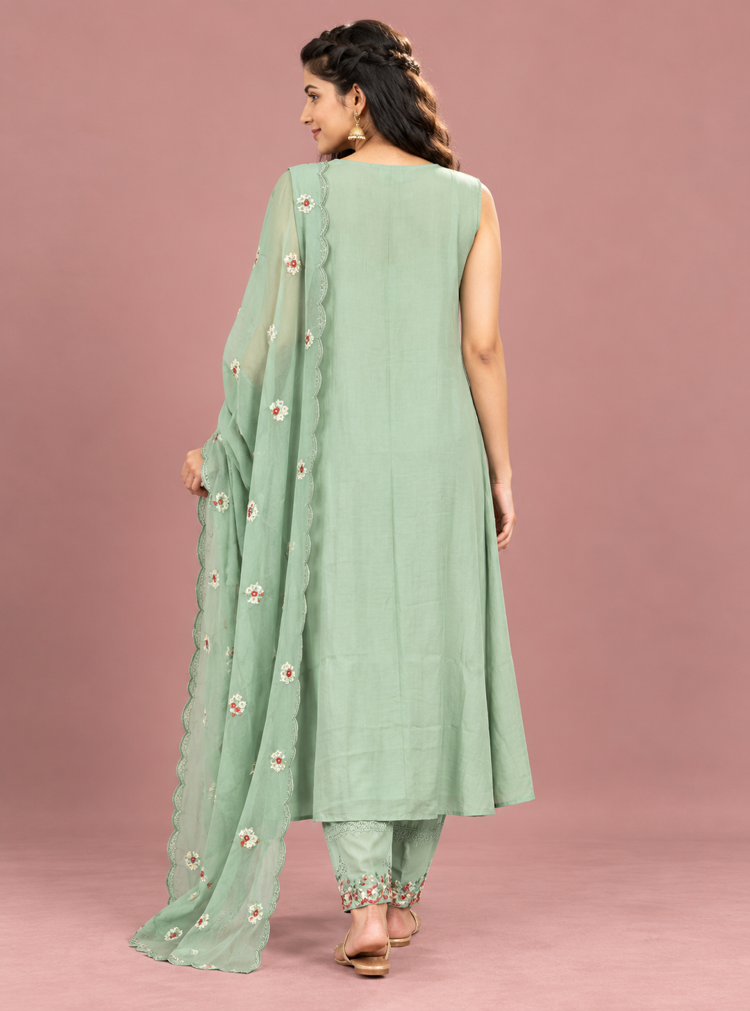 Pistachio Filigree Pista Mul Chanderi Thread Embroidery Suit Set with Dupatta
