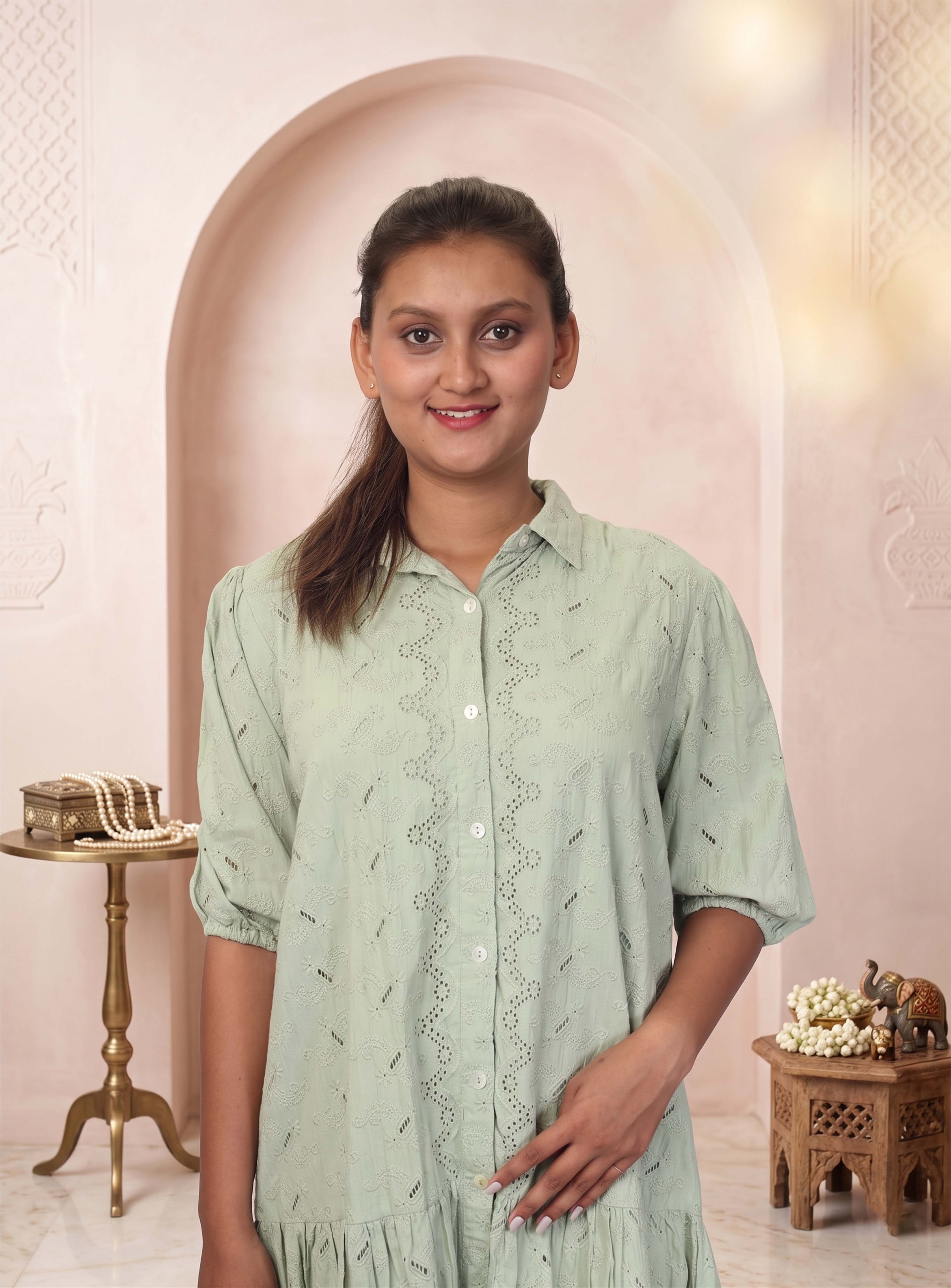 Mint schiffli cotton short dress