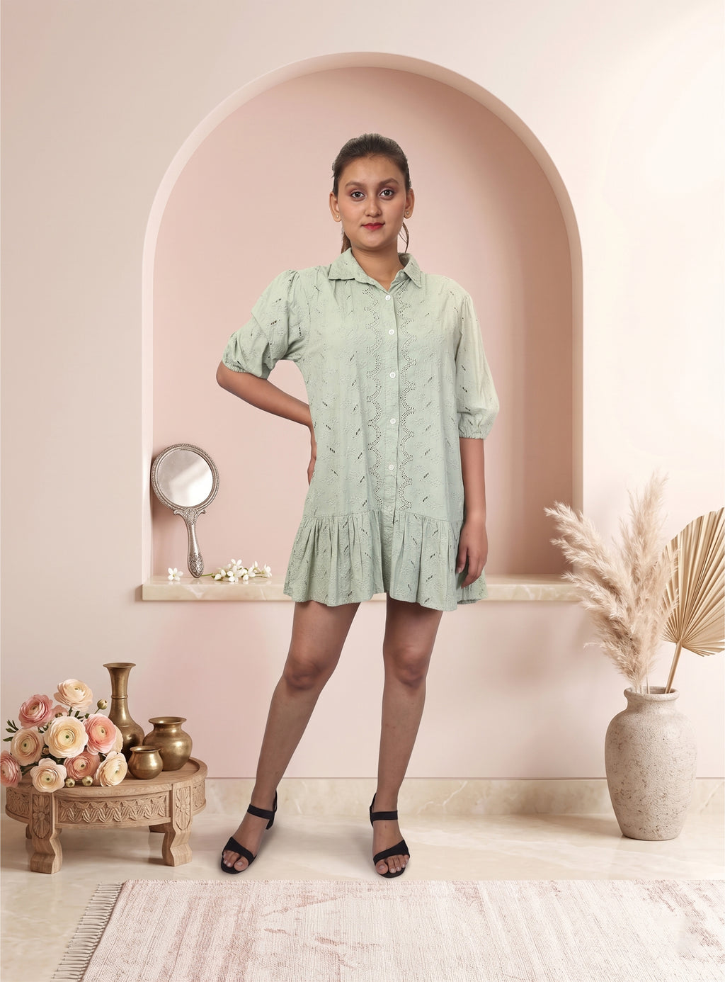 Mint schiffli cotton short dress