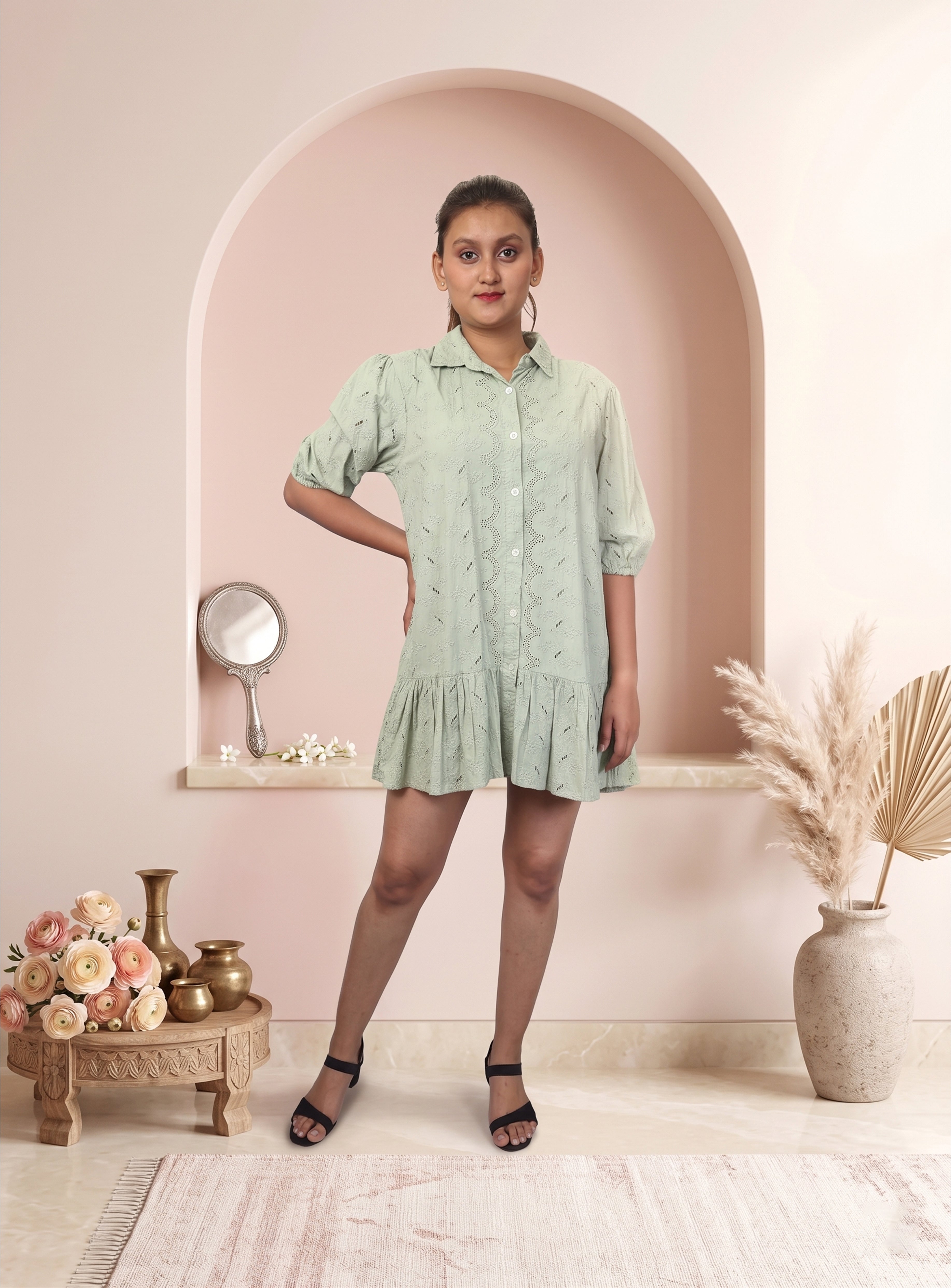 Mint schiffli cotton short dress