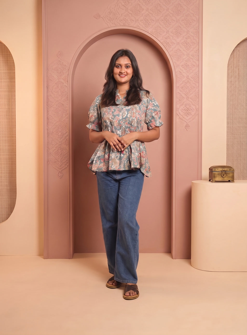 Grey and Mint cotton printed short kurti
