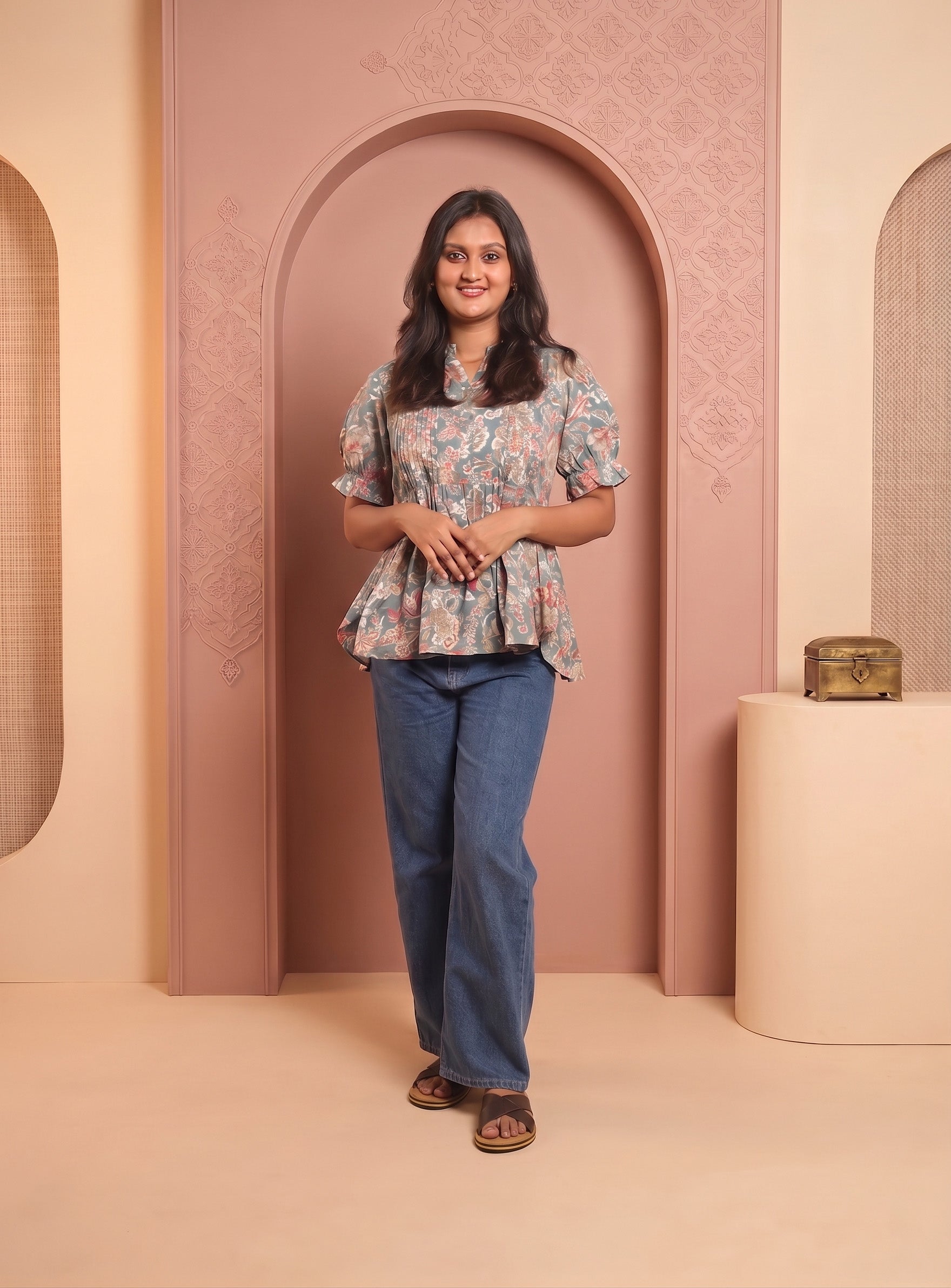 Grey and Mint cotton printed short kurti