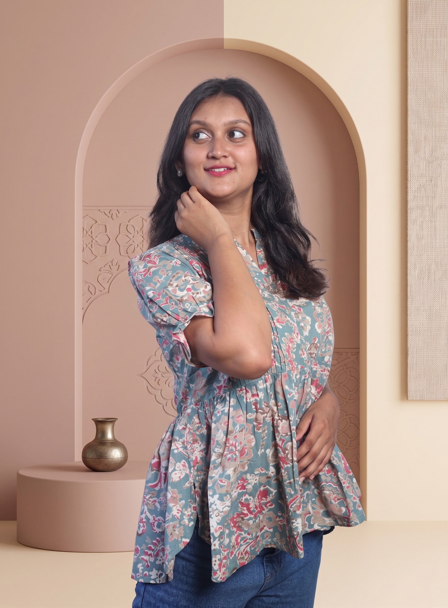 Grey and Mint cotton printed short kurti