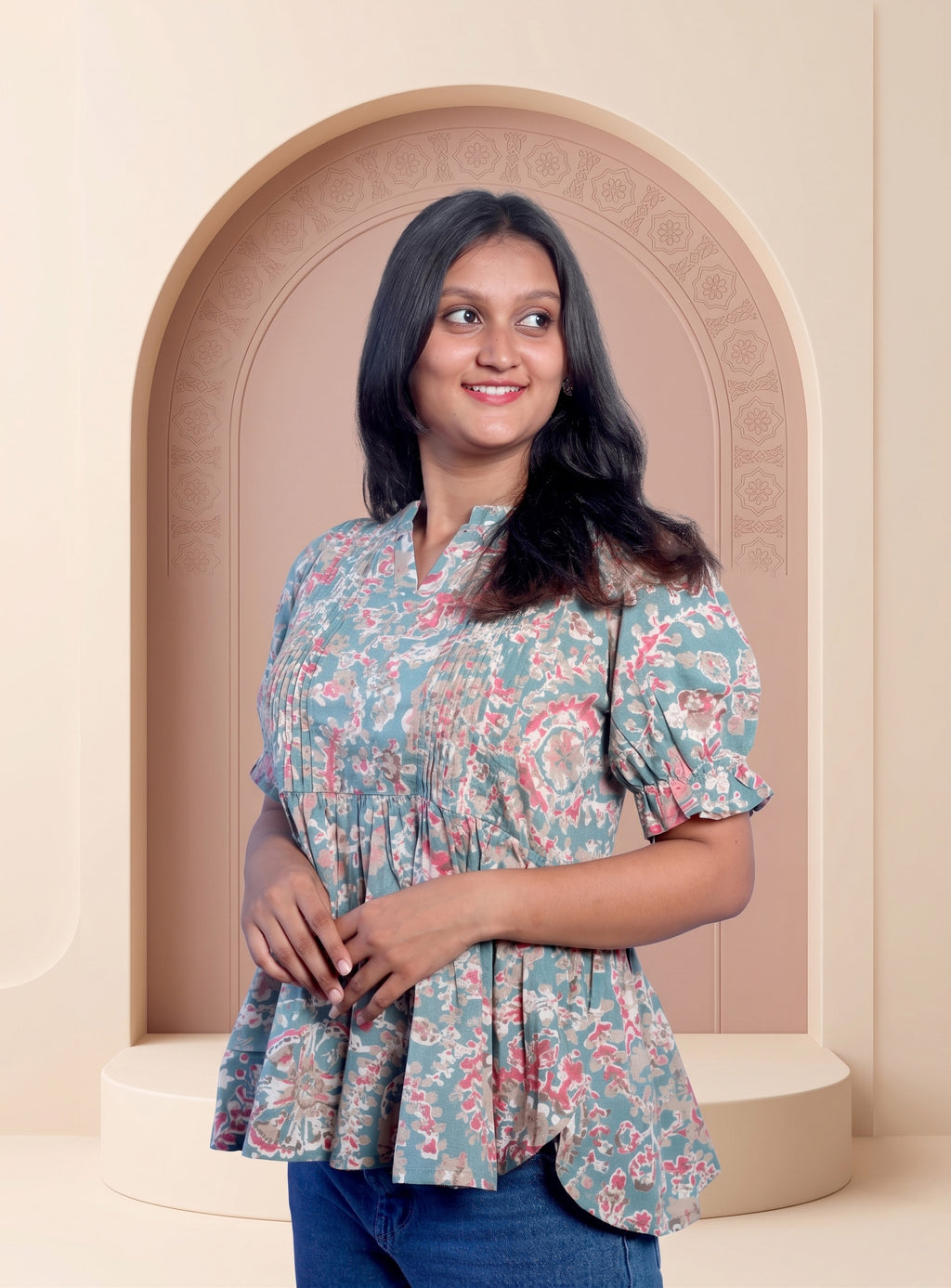 Grey and Mint cotton printed short kurti