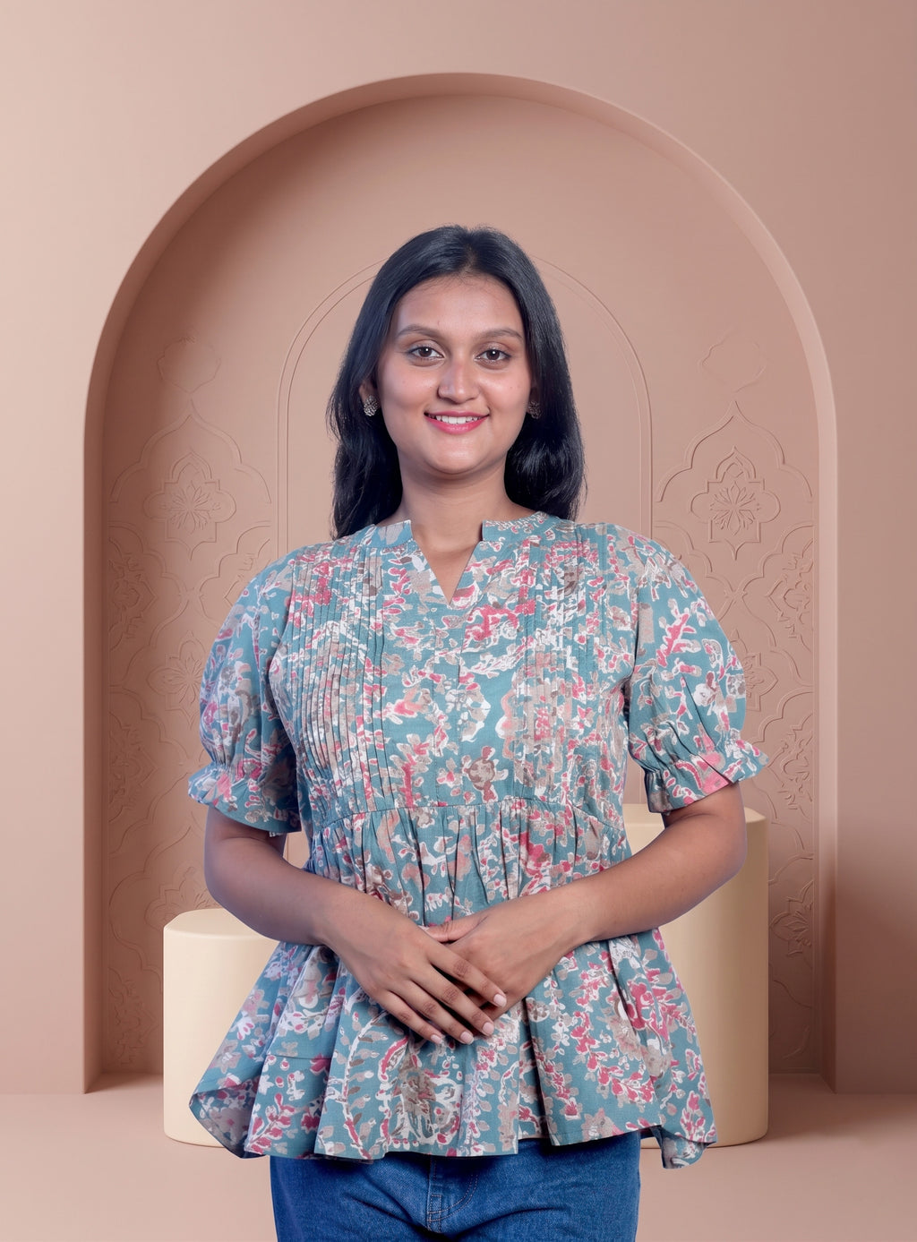 Grey and Mint cotton printed short kurti