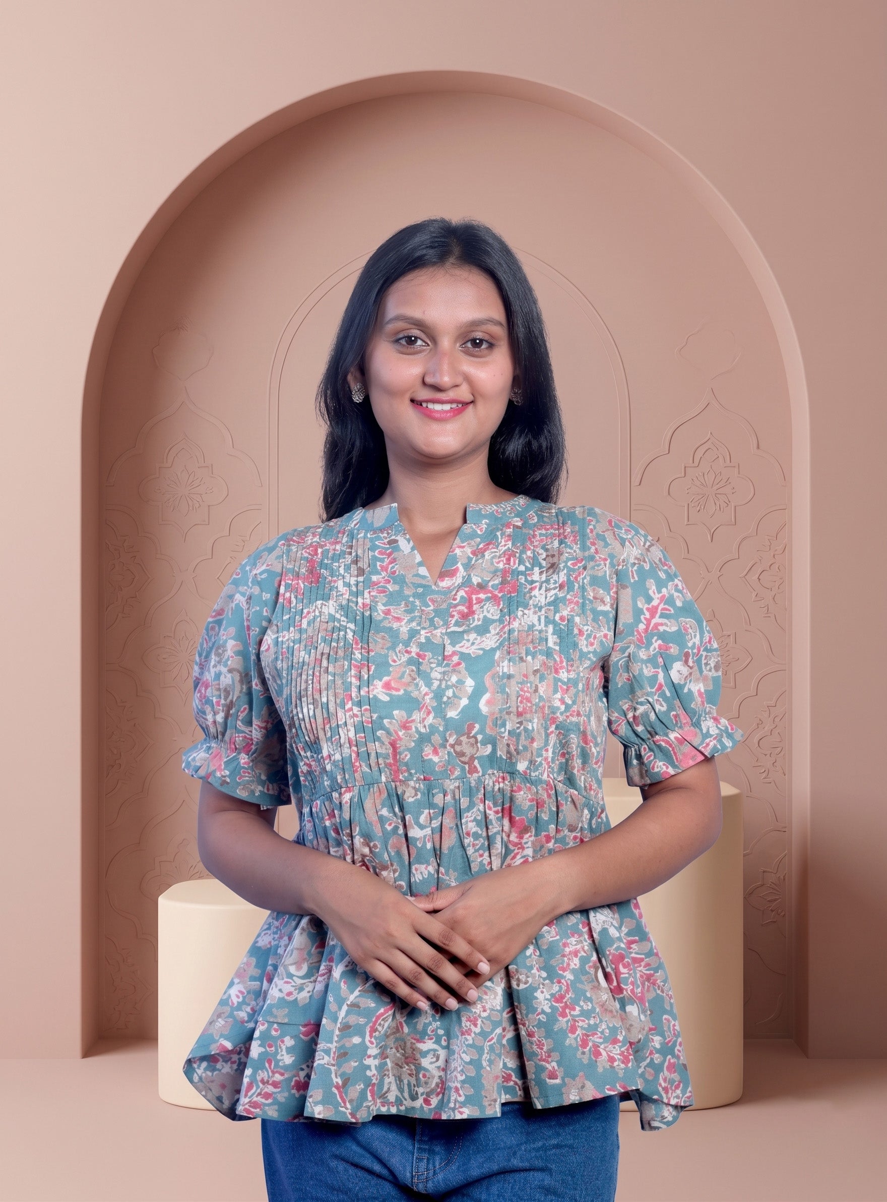 Grey and Mint cotton printed short kurti