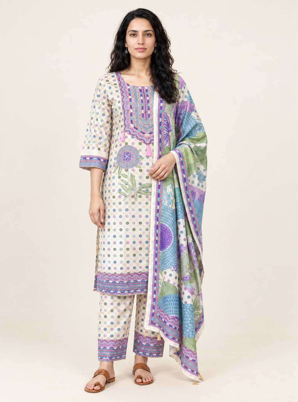 Moonflower Off White Chinon Polka Dot Straight Suit Set with Dupatta – Indieshades