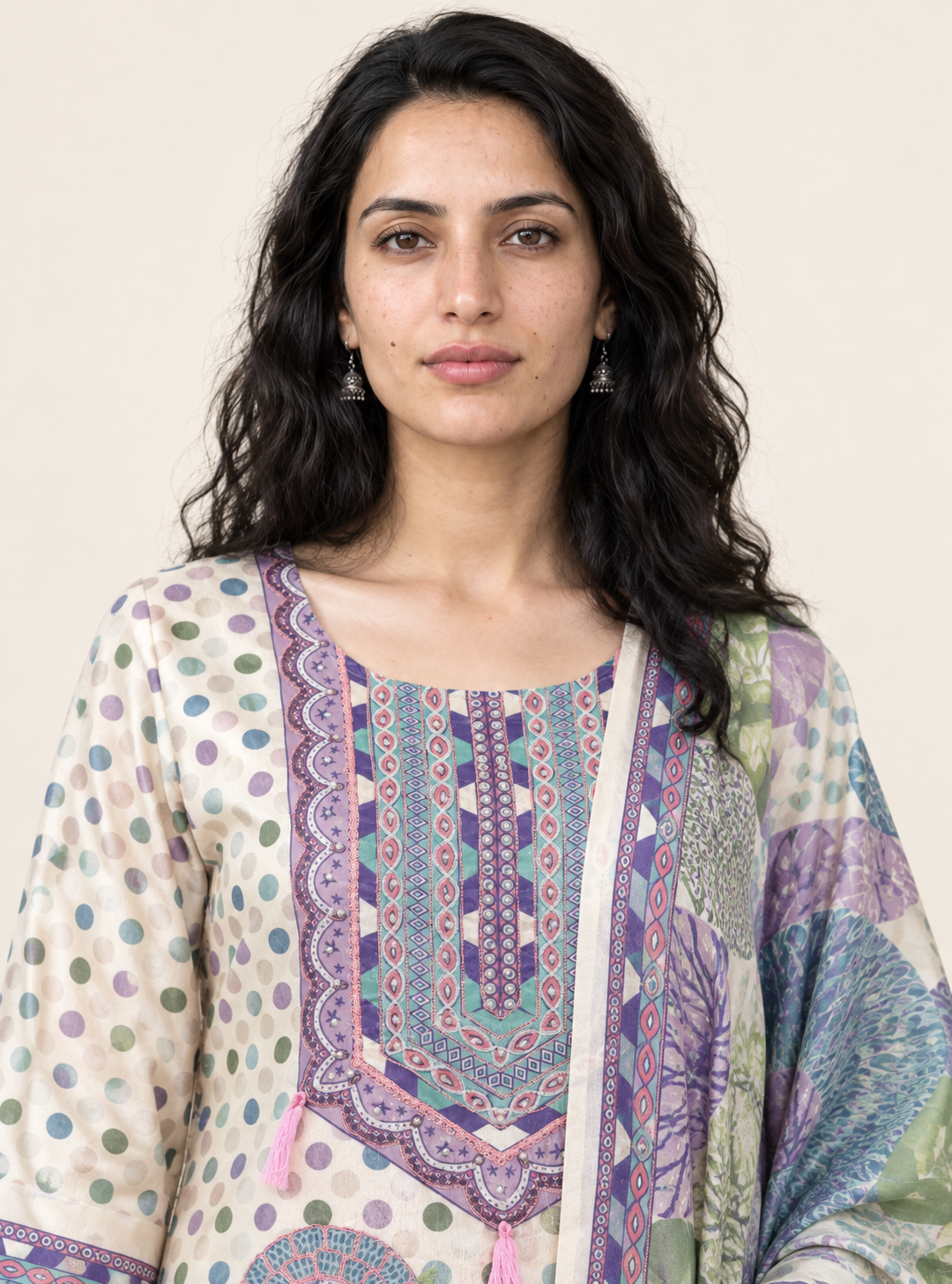 Moonflower Off White Chinon Polka Dot Straight Suit Set with Dupatta – Indieshades