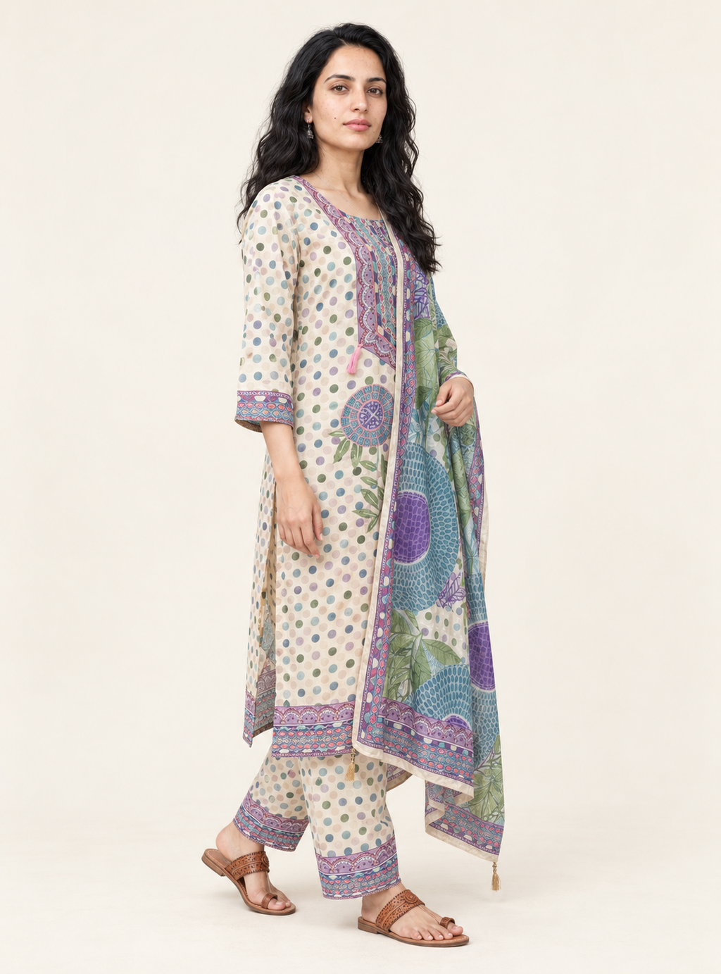 Moonflower Off White Chinon Polka Dot Straight Suit Set with Dupatta – Indieshades