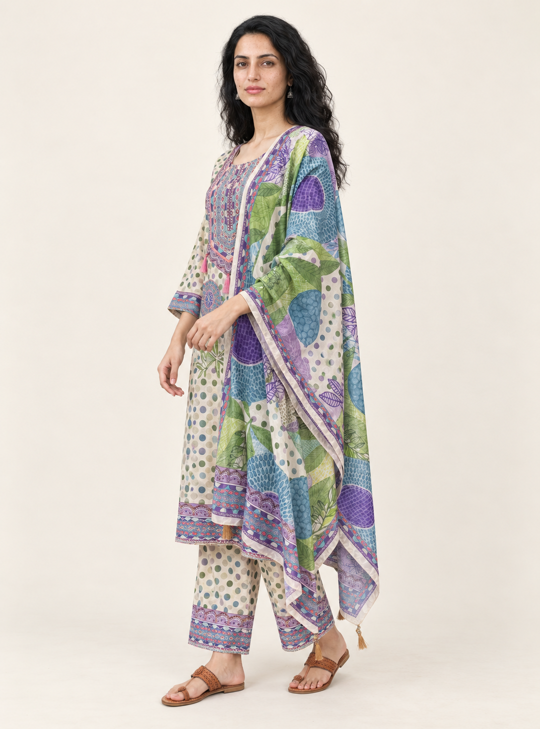 Moonflower Off White Chinon Polka Dot Straight Suit Set with Dupatta – Indieshades