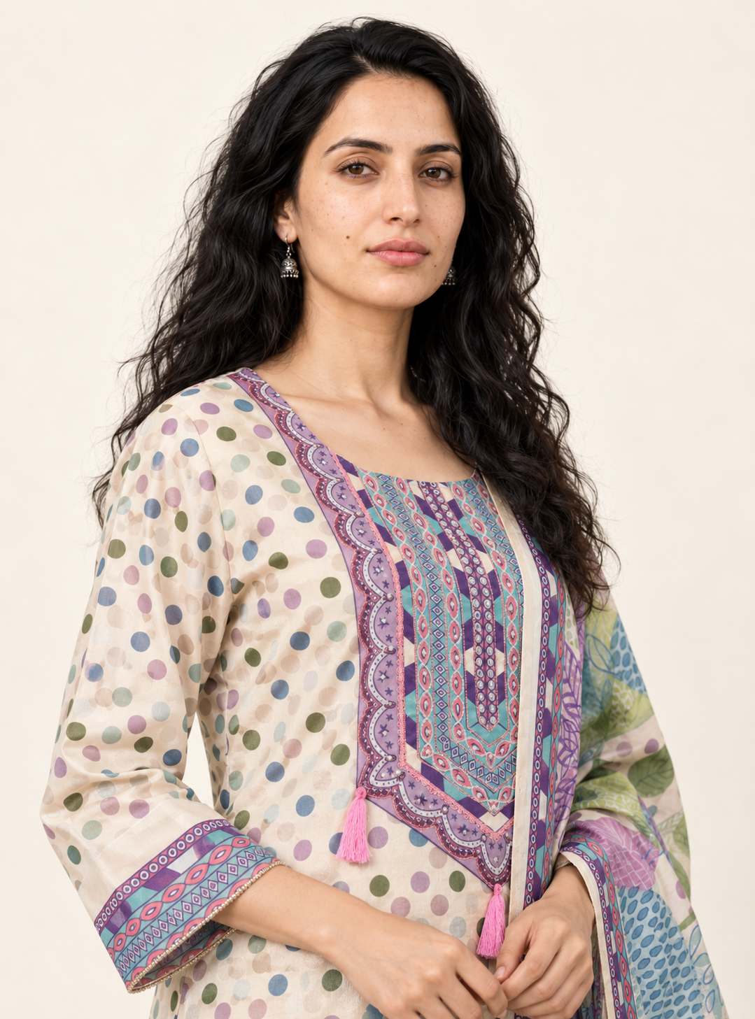 Moonflower Off White Chinon Polka Dot Straight Suit Set with Dupatta – Indieshades