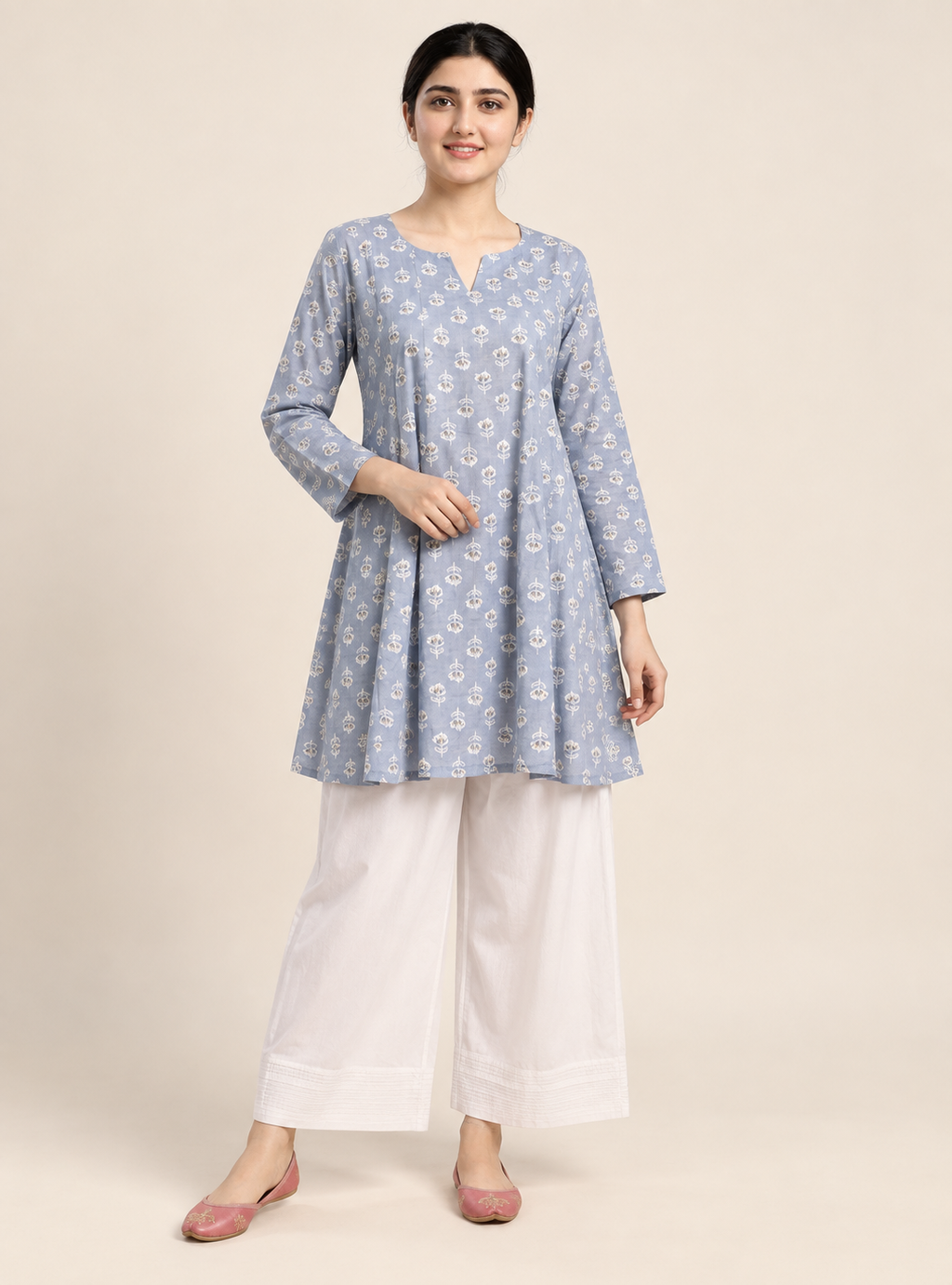 Moonlit Bloom Grey Printed Pure Cotton Anarkali Co-Ord Set