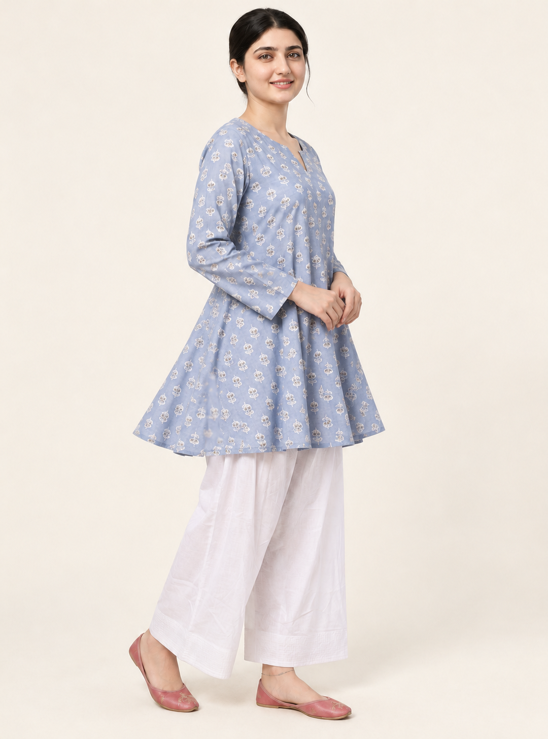Moonlit Bloom Grey Printed Pure Cotton Anarkali Co-Ord Set