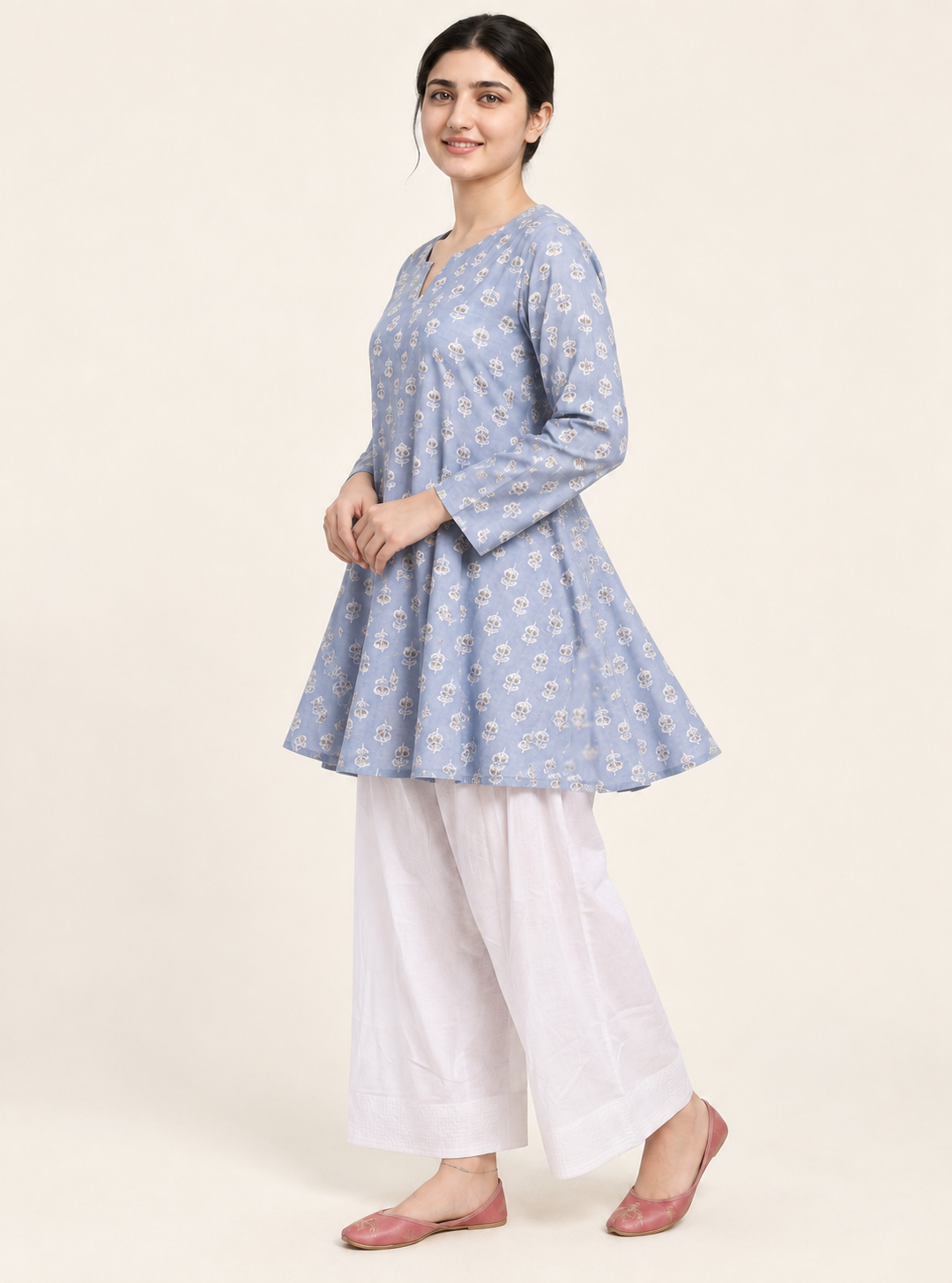 Moonlit Bloom Grey Printed Pure Cotton Anarkali Co-Ord Set