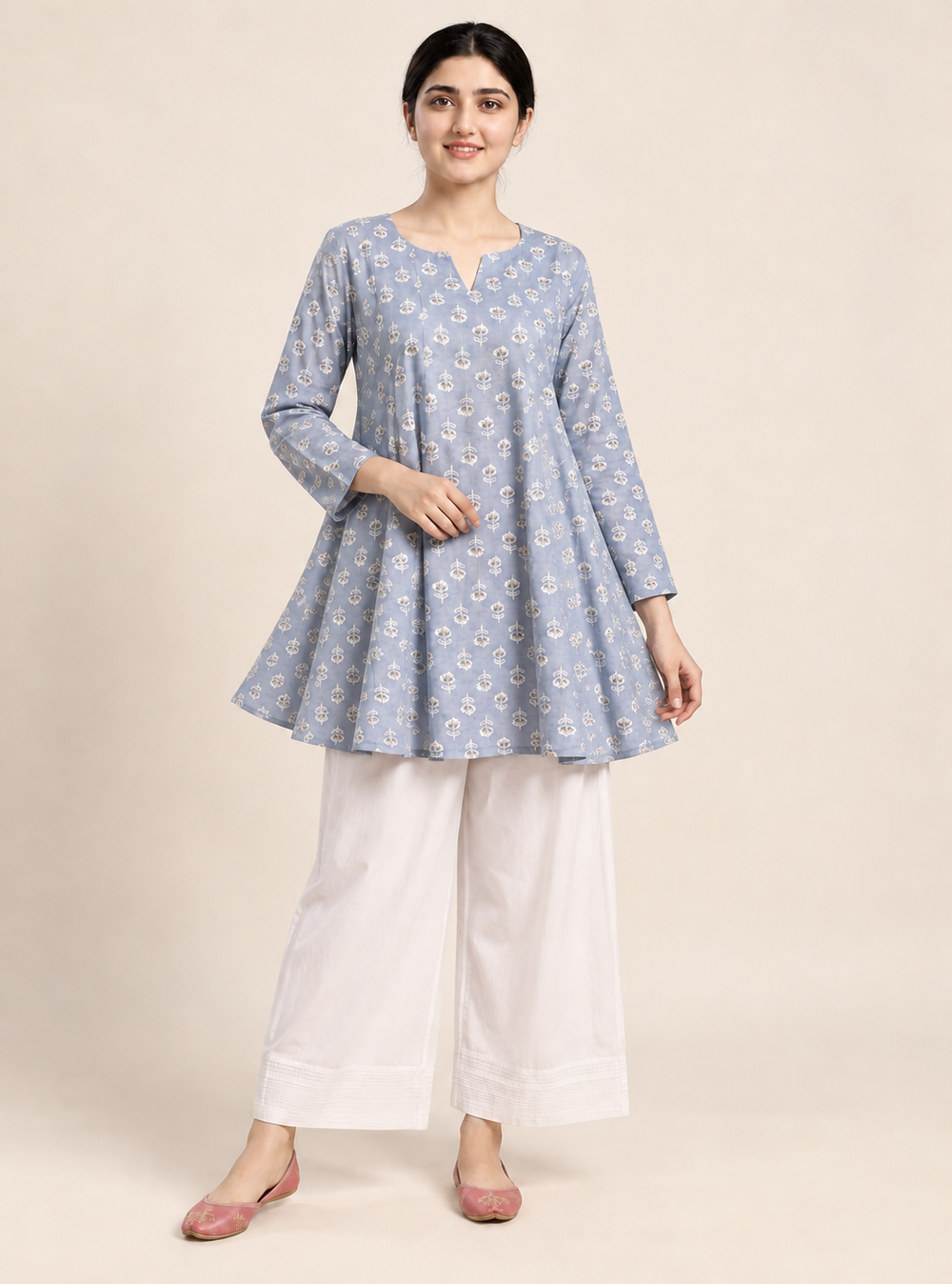 Moonlit Bloom Grey Printed Pure Cotton Anarkali Co-Ord Set
