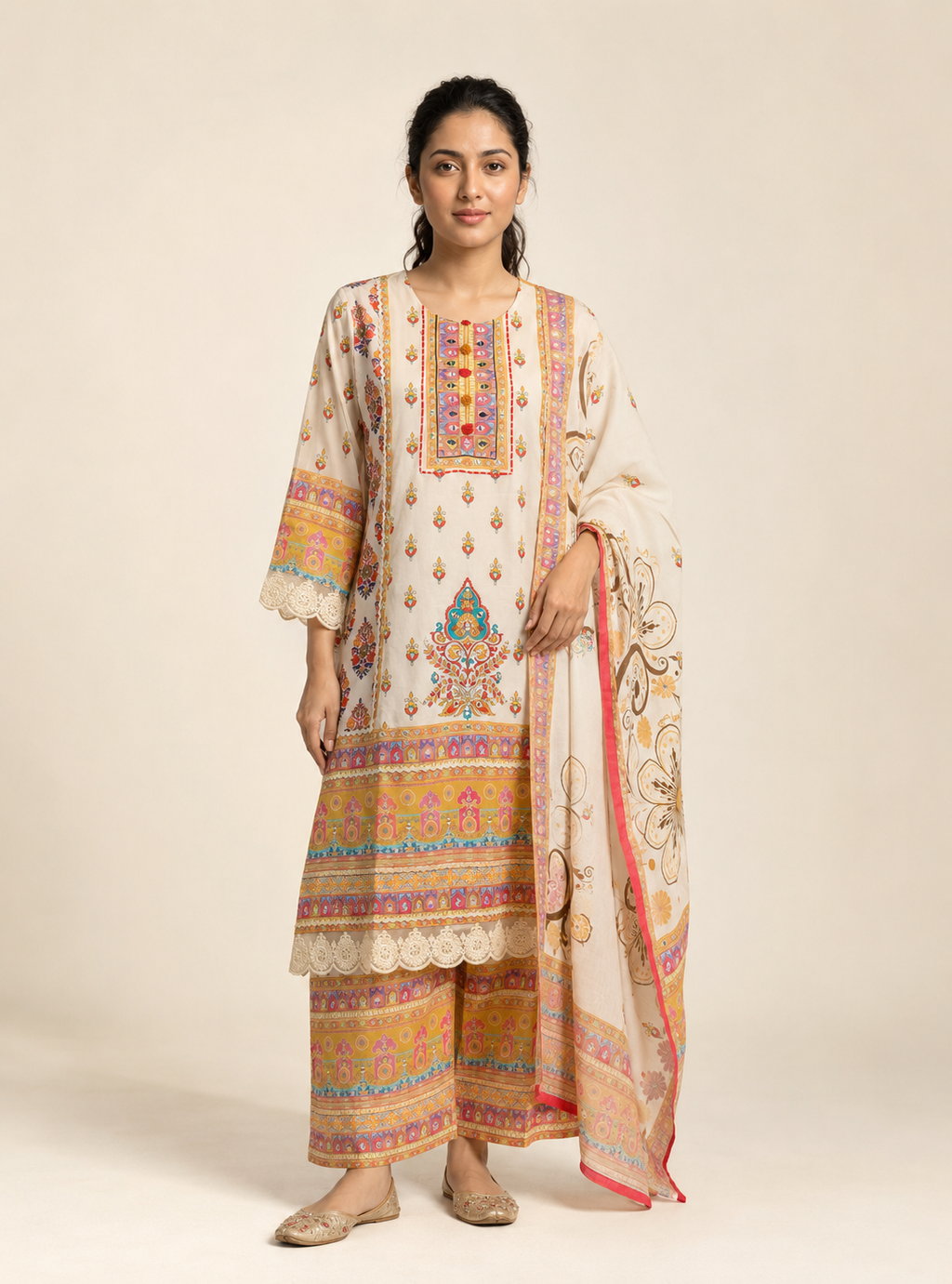 Ivory Grace Off White Mull Cotton Short Anarkali Suit Set with Dupatta