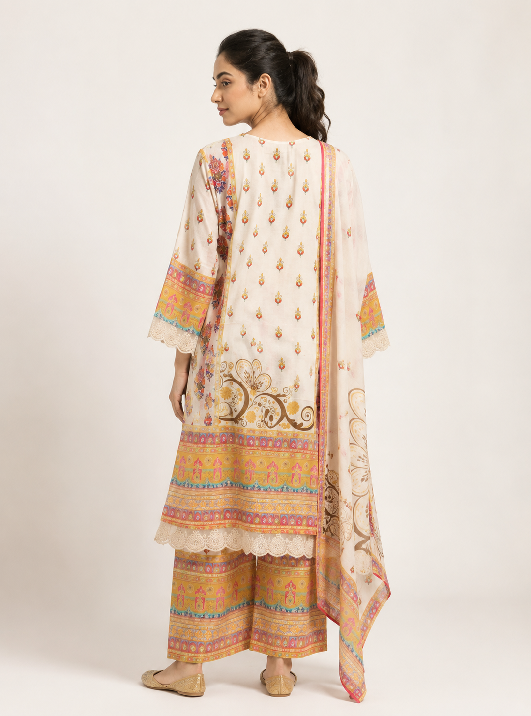 Ivory Grace Off White Mull Cotton Short Anarkali Suit Set with Dupatta
